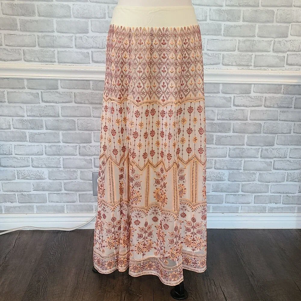Soft Surroundings Inez Metallic Embroidered Maxi Skirt Coral NEW Boho Chic Large - Picture 2 of 9